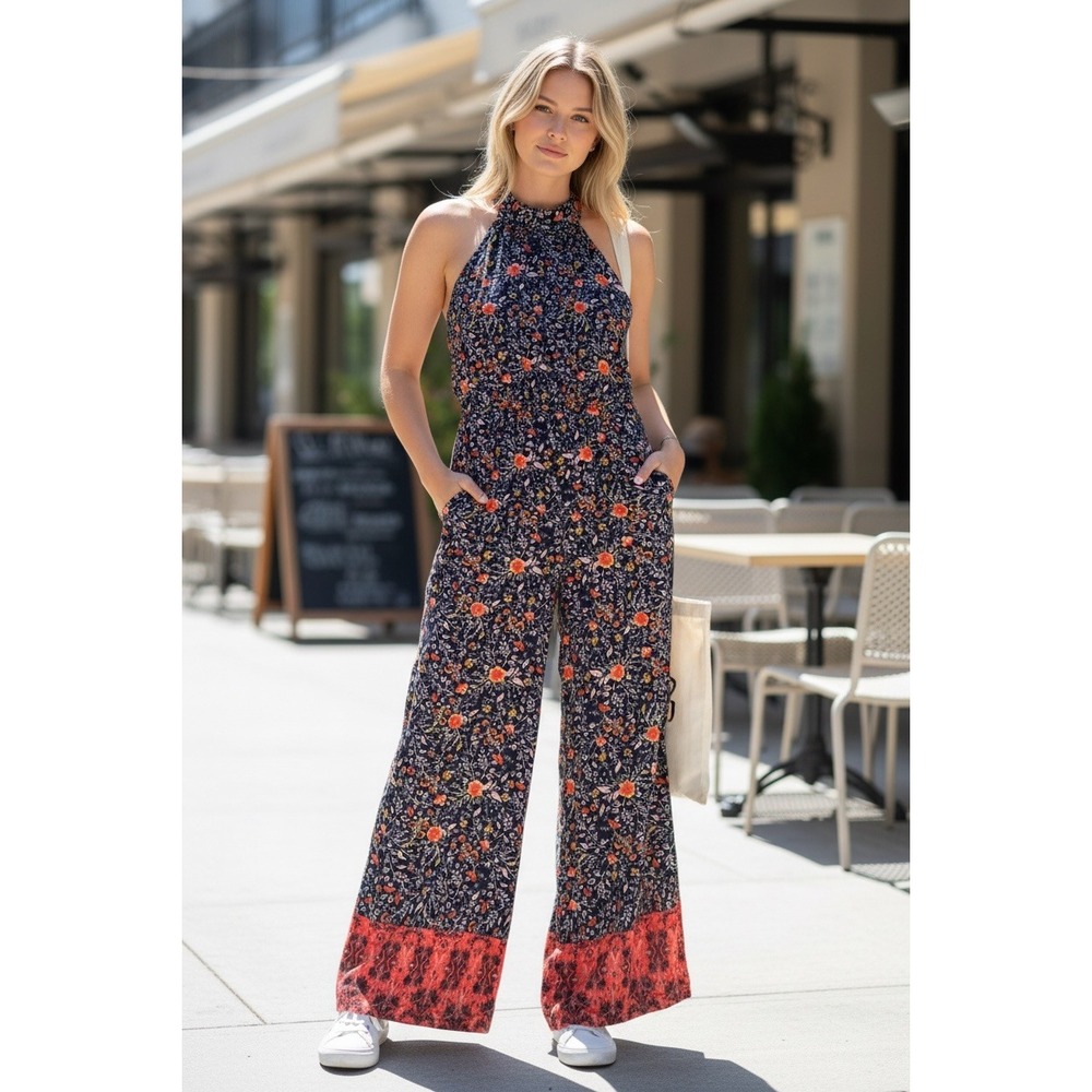 SO Floral Halter Neck‎ Wide Leg Jumpsuit Navy Orange Rayon Medium